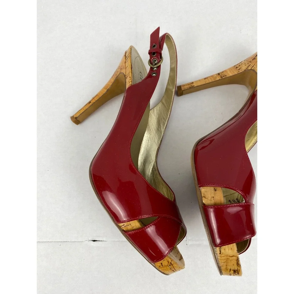 Guess by Marciano Red Patent Leather Cork Platform Slingback Heels 7.5M